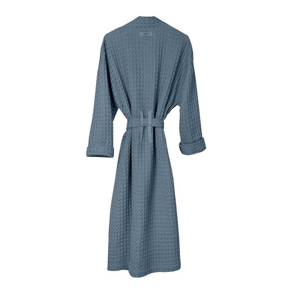 big waffle bathrobe in grey blue from behind