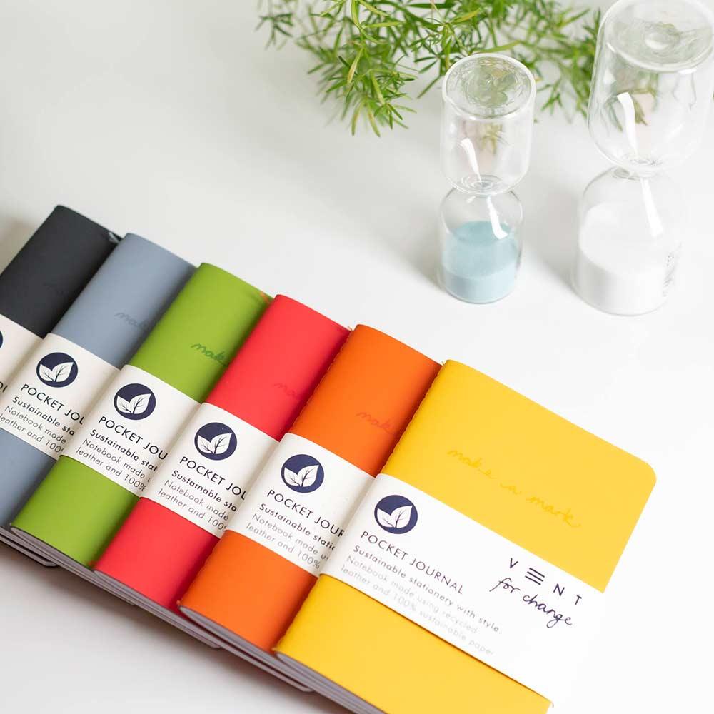 recycled leather pocket journals in 6 colours