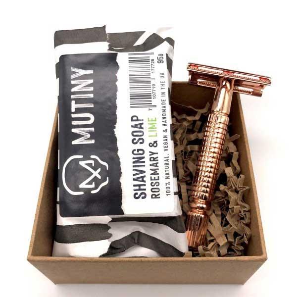 rosemary and lime mini shaving set with rose gold razor