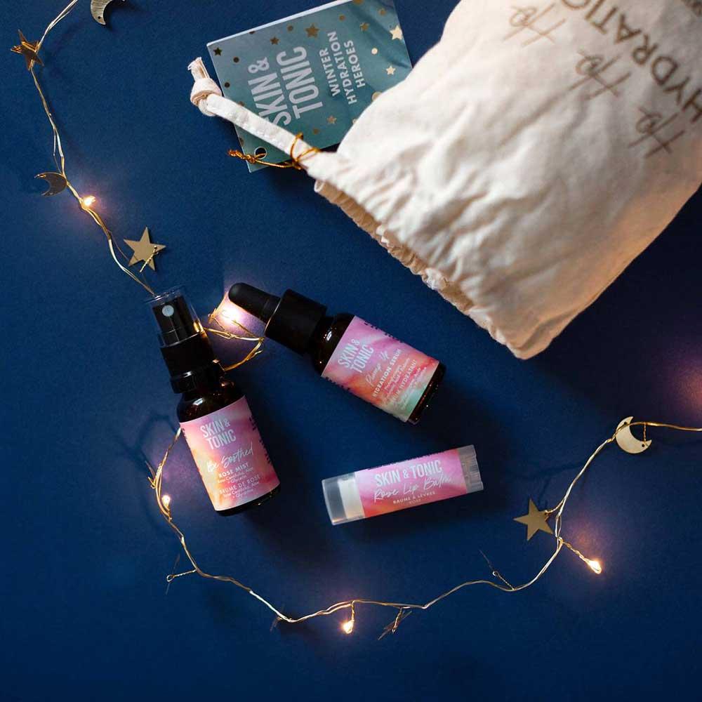 ho ho ho hydration skincare gift set in christmas setting