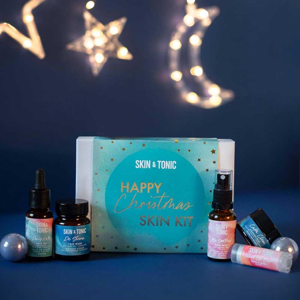 happy christmas gift set in christmas setting