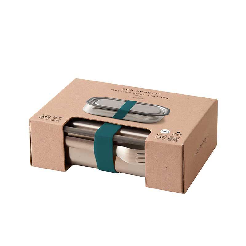 2 compartment leakproof stainless steel lunch box with fork in packaging