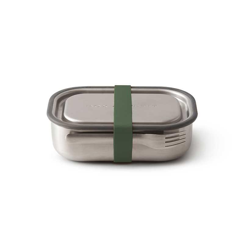 sealed, 2 compartment leakproof stainless steel lunch box with fork in olive colour