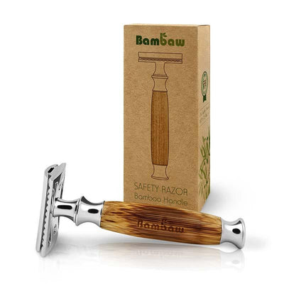 bamboo safety razor next to cardboard packaging
