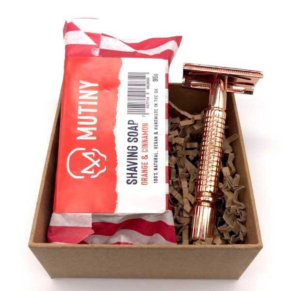 cinnamon and orange shaving set with rose gold razor