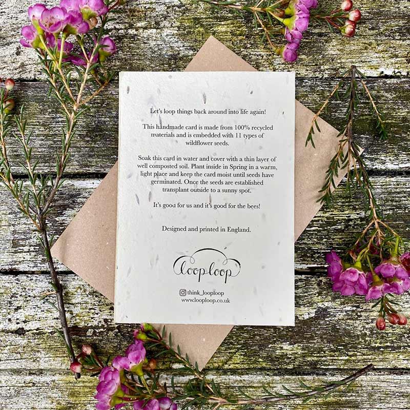 Rear of a handmade, plantable card