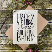 plantable card with happy birthday you beautiful being printed on the front