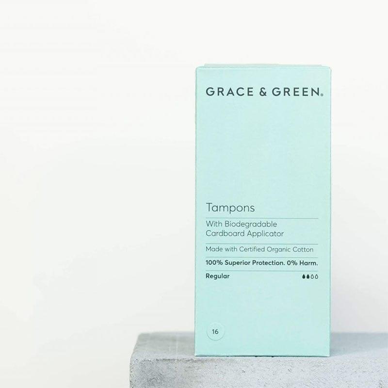 plastic free tampons with applicator in a green box