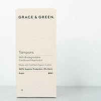 plastic free tampons with applicator in cream coloured box