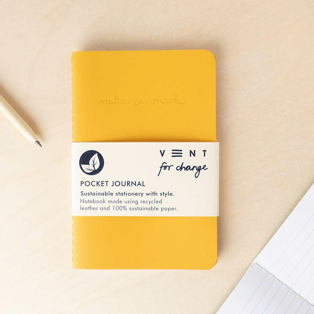 recycled leather pocket journal on a desk