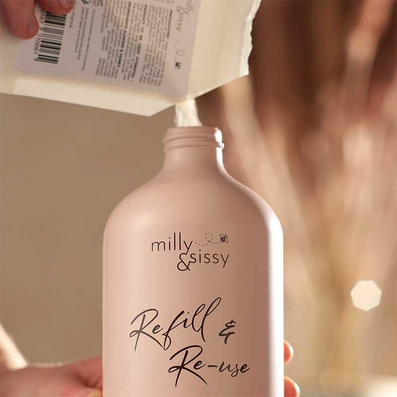 aluminium pump bottle being refilled