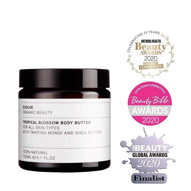 Evolve Tropical Blossom Organic Body Butter wth awards