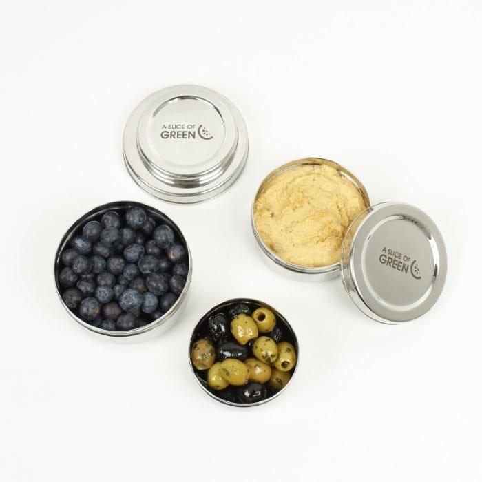 round food containers with snacks inside