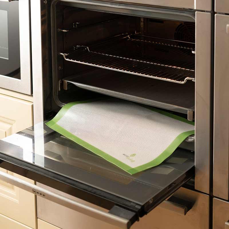 reusable baking sheet in an oven