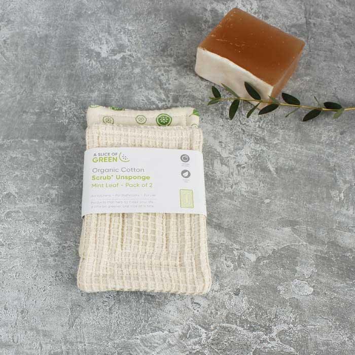 organic cotton scrub unsponge next to soap bar