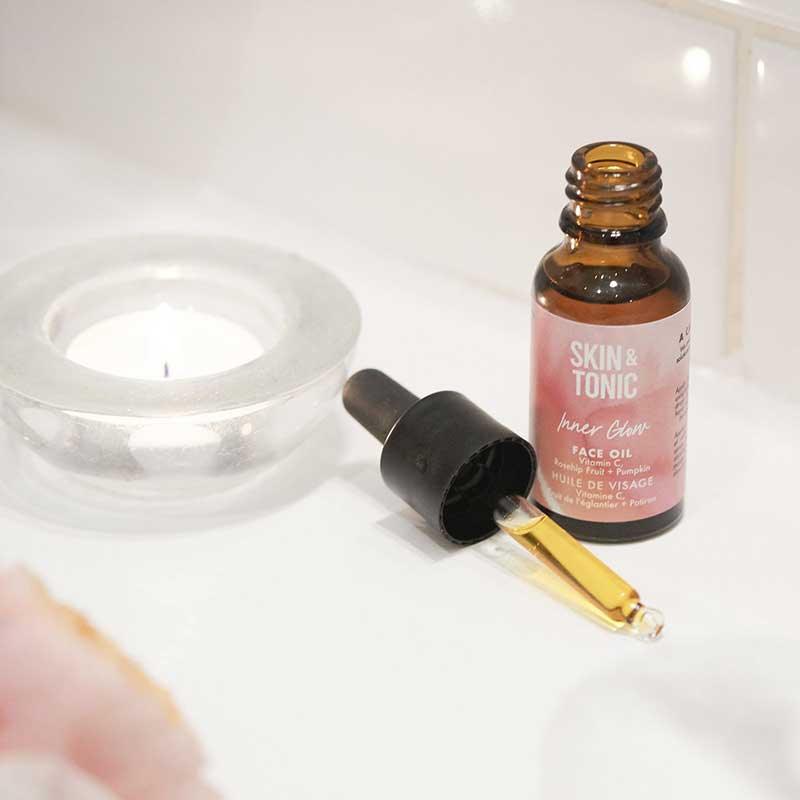 skin and tonic inner glow oil on bathroom side