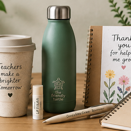 Eco-friendly teacher gifts including a reusable coffee cup, water bottle, stationery, thank-you card and self-care gift