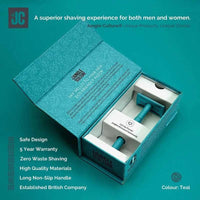 teal metal safety razor in gift box