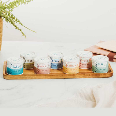 natural hand balm collection on a tray
