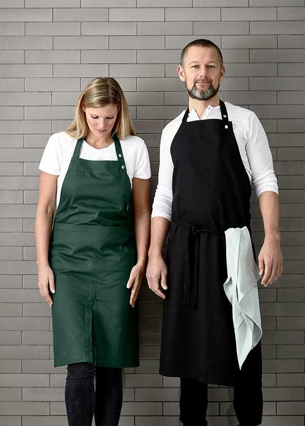 mand and woman wearing cotton aprons