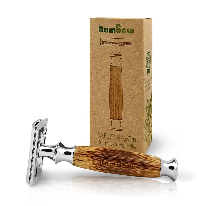 bamboo safety razor next to cardboard packaging