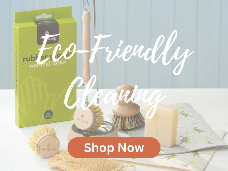 Eco-friendly cleaning products, including natural latex gloves, wooden brushes, soap bars, and sustainable cleaning tools, displayed on a light background. Shop now for sustainable living essentials.