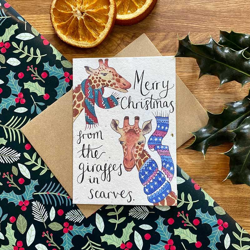 giraffes in scarfs plantable card