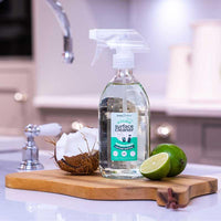 kitchen cleaner refill in glass bottle