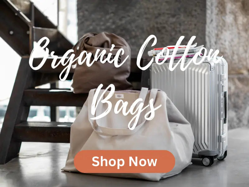 Stylish and durable organic cotton bags displayed alongside a suitcase and backpack, perfect for travel or daily use. Shop now for eco-friendly and sustainable bag options.