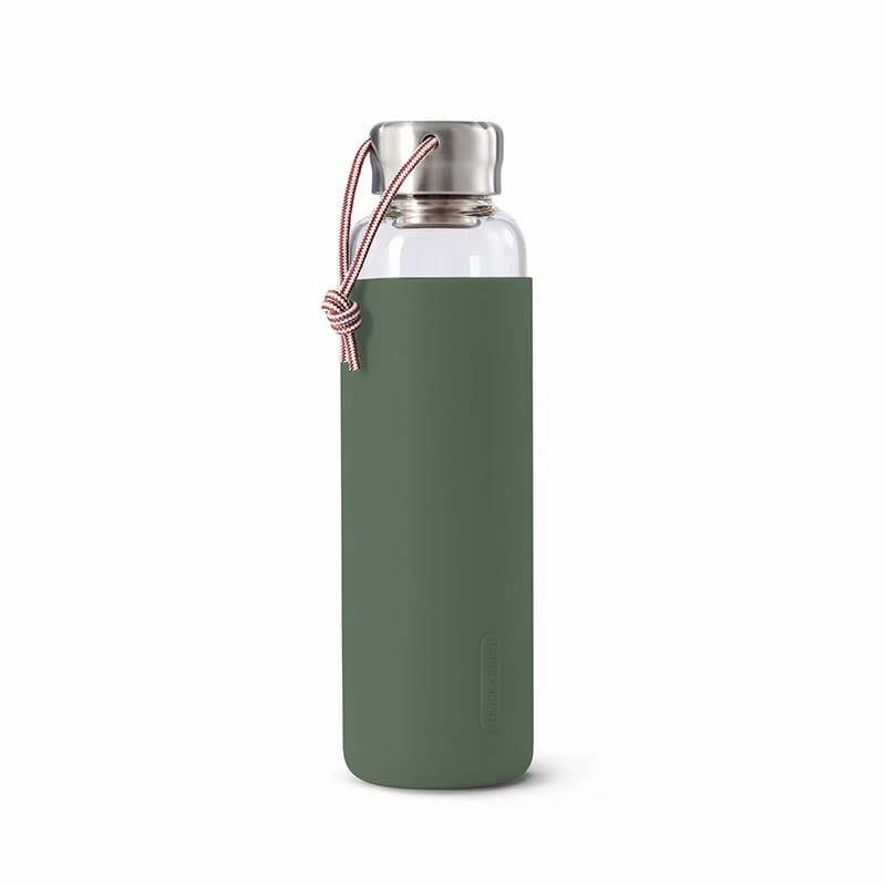 glass water bottle with olive colour sleeve