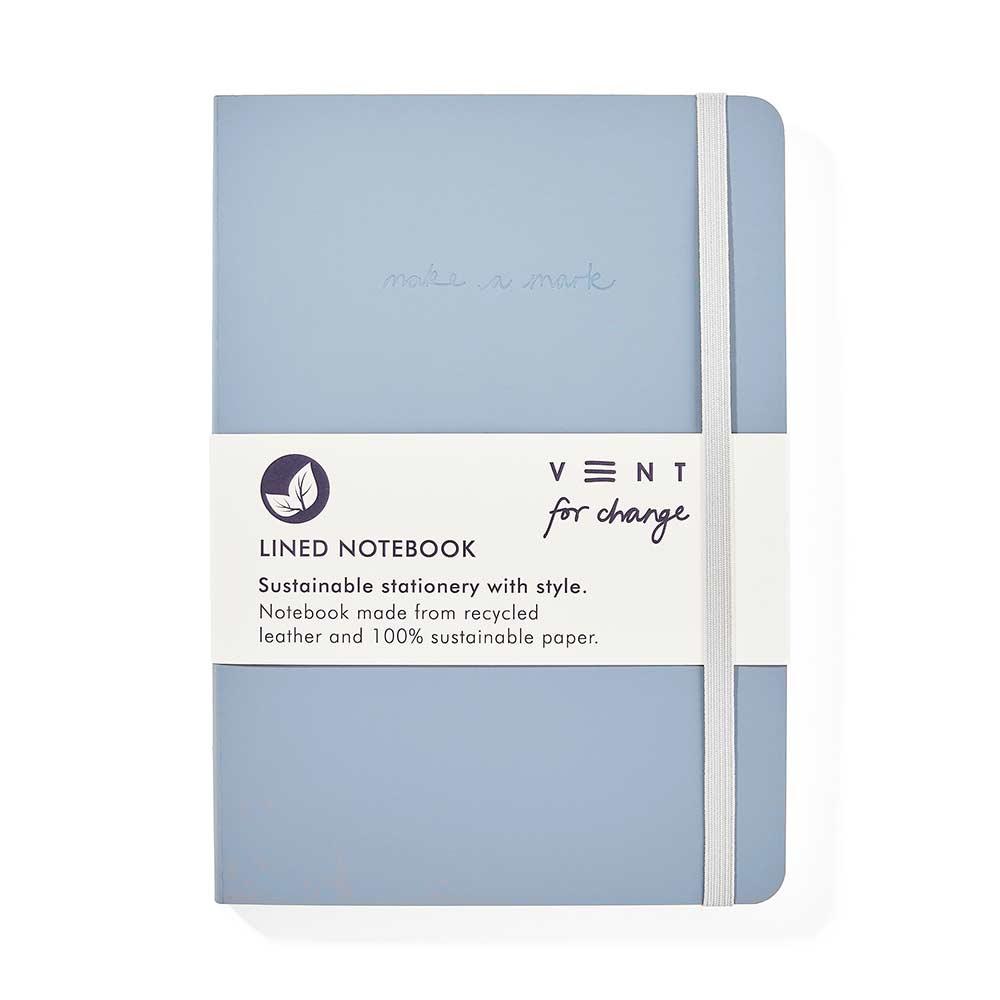 recycled leather notebook product shot in dusty blue
