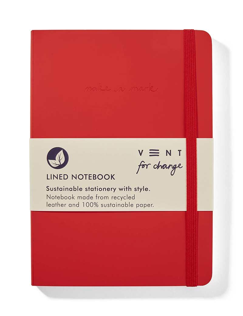 recycled leather notebook in red with packaging