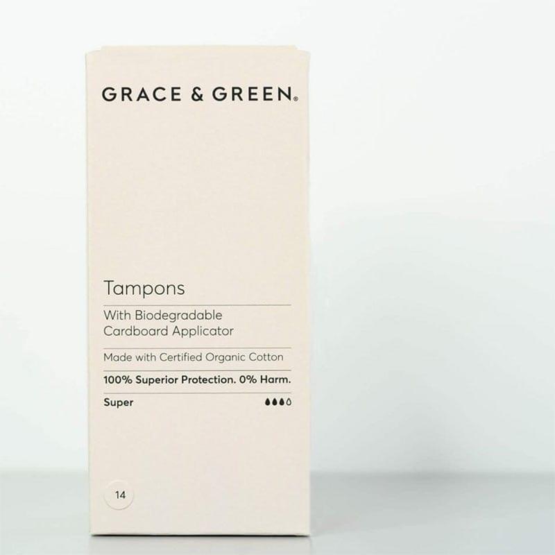 plastic free tampons with applicator in cream coloured box