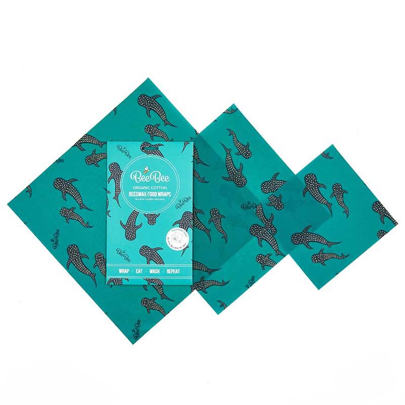 mixed pack beeswax wraps in blue whale pod design