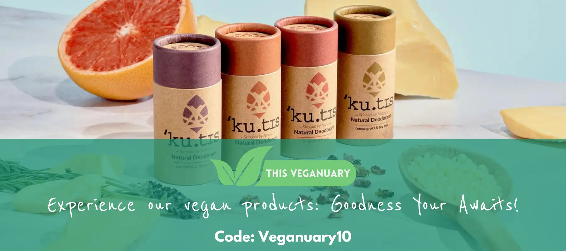 Natural vegan deodorants from Skincare, presented in eco-friendly packaging alongside grapefruit, shea butter, and other natural ingredients. Enjoy 10% off this Veganuary with code: Veganuary10.