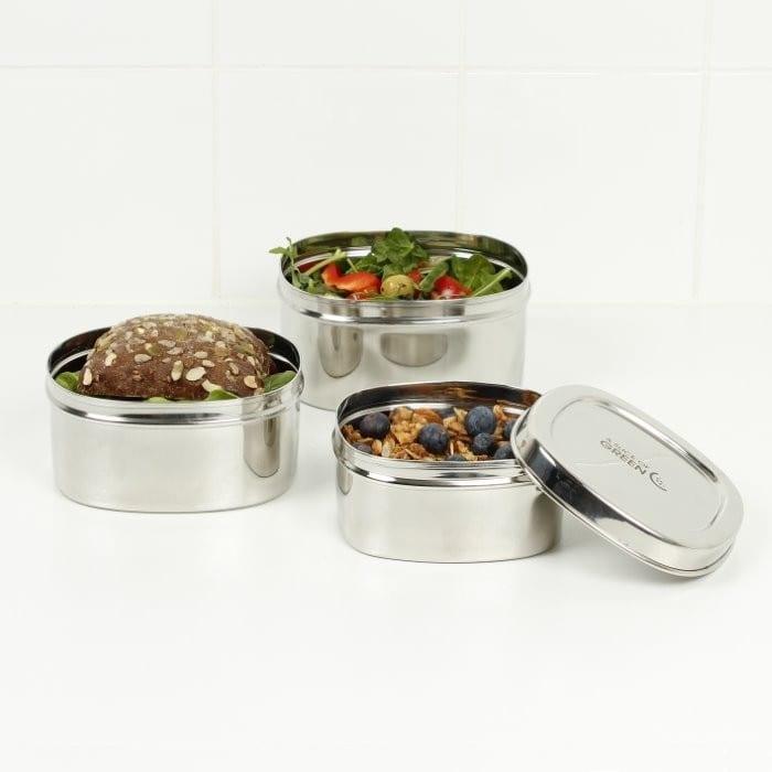 set of 3 square stainless steel containers filled with lunch