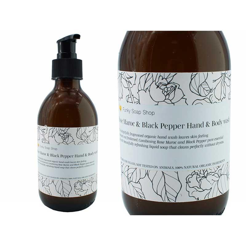 black pepper hand and body wash in glass pump bottle