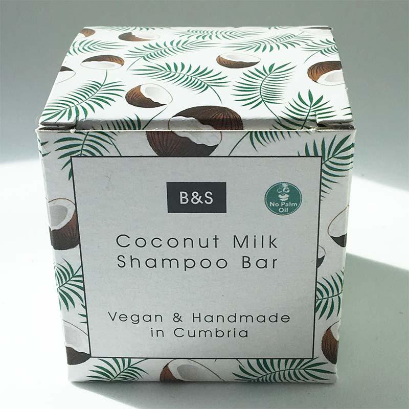 coconut milk shampoo bar in cardboard packaging