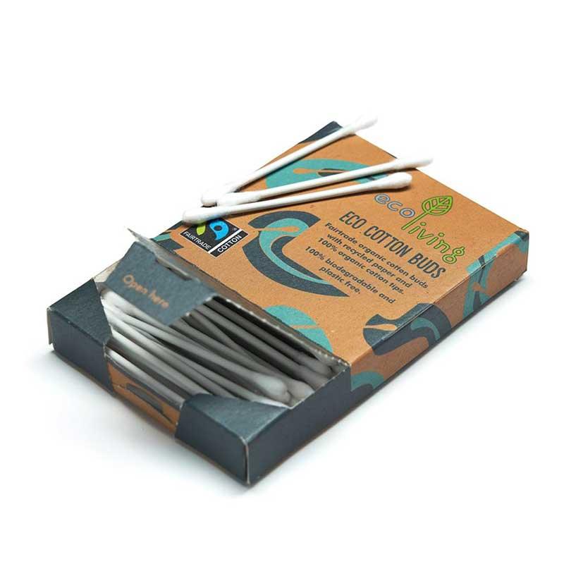 ecoliving organic cotton buds in cardboard packaging
