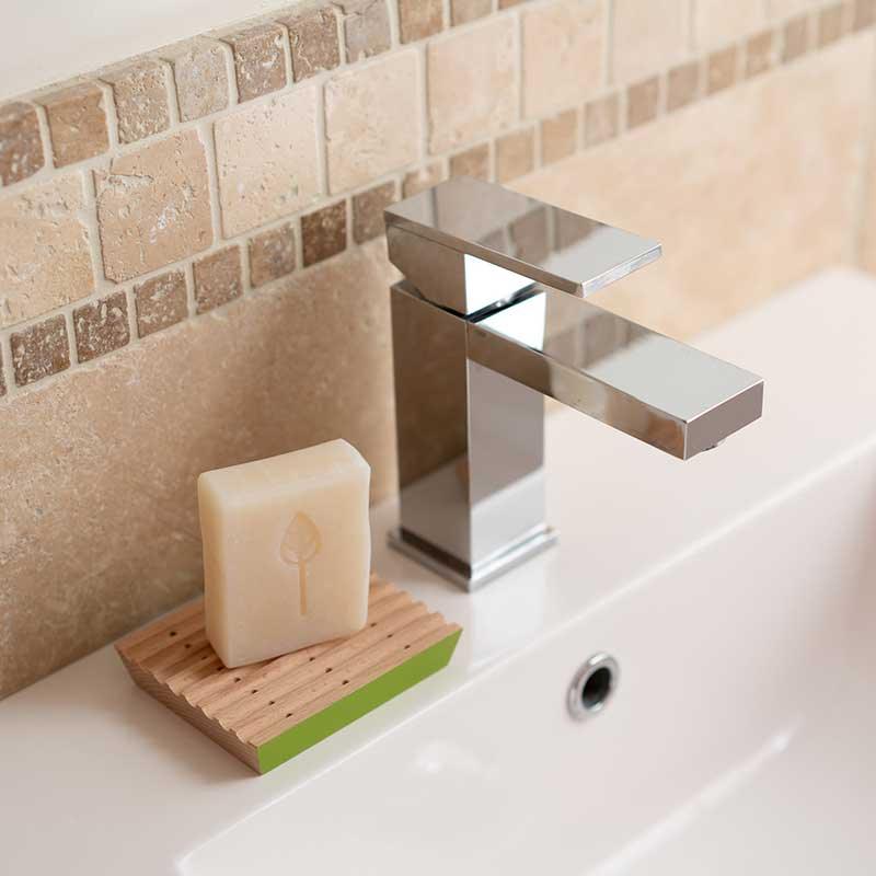 ecoliving soap dish next to bathroom tap