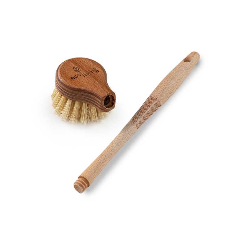 extra long wooden dish brush next to its replaceable brush head