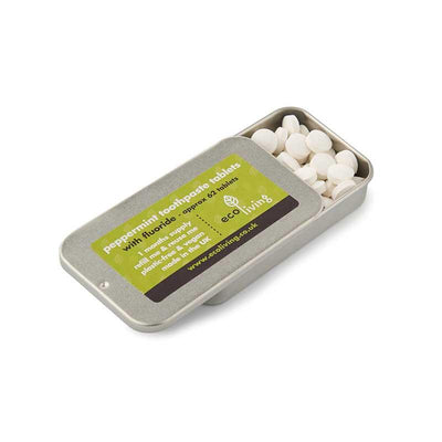 ecoliving toothpaste tablets with a metal tin