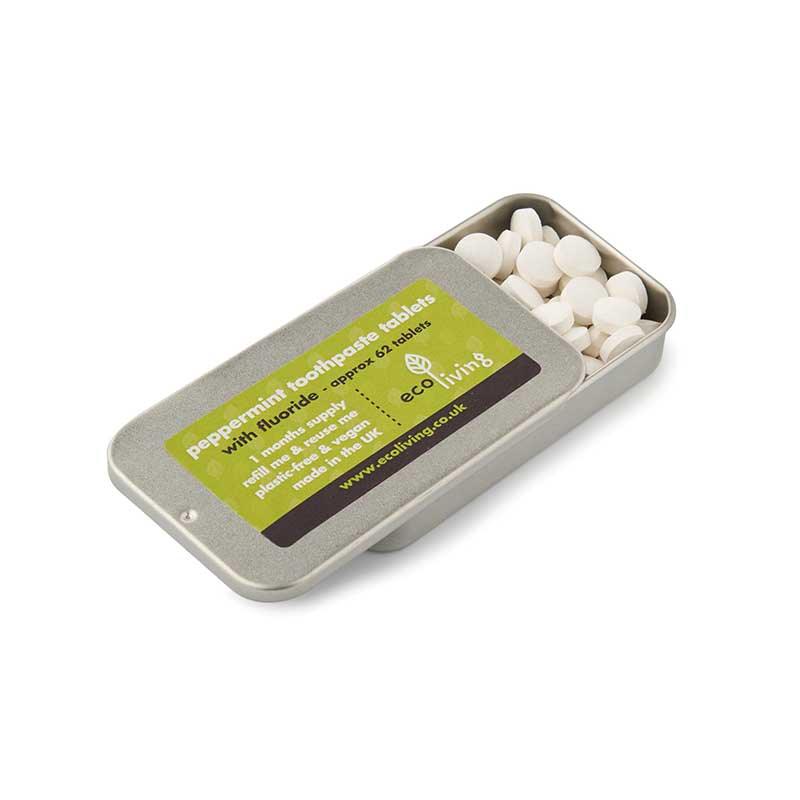 ecoliving toothpaste tablets with a metal tin