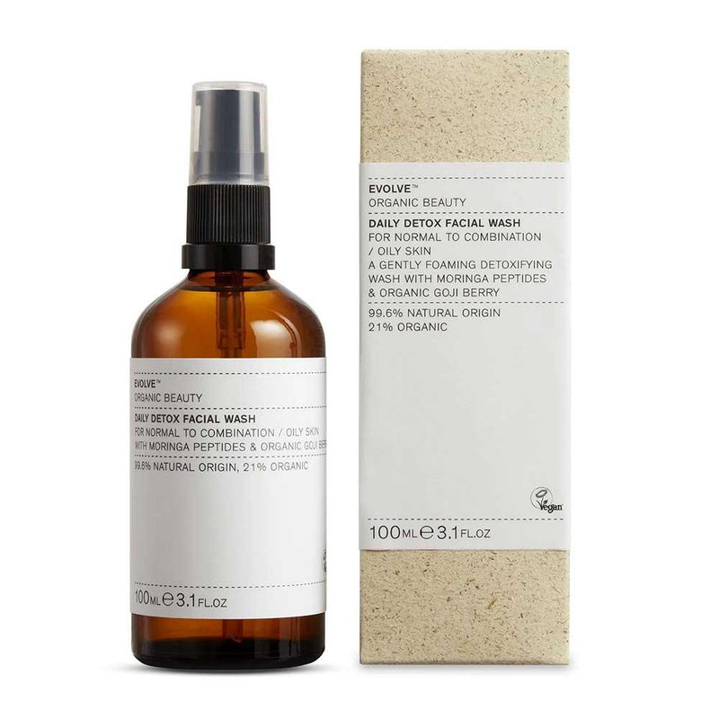 evolve beauty daily detox facial wash next to packaging
