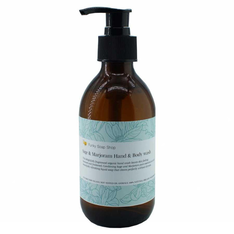 sage and marjoram hand and body wash in glass pump bottle
