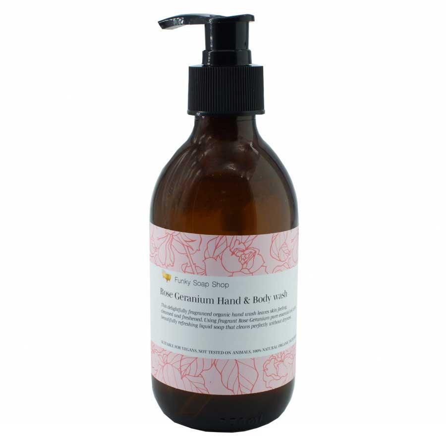 rose geranium hand and body wash in glass pump bottle