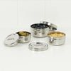 round stainless steel food containers with houmous and dips