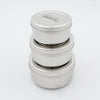 3 round stainless steel food containers stacked on top of each other
