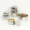 round stainless steel food containers arranged together