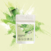 lime and and body wash refill sachet on green background